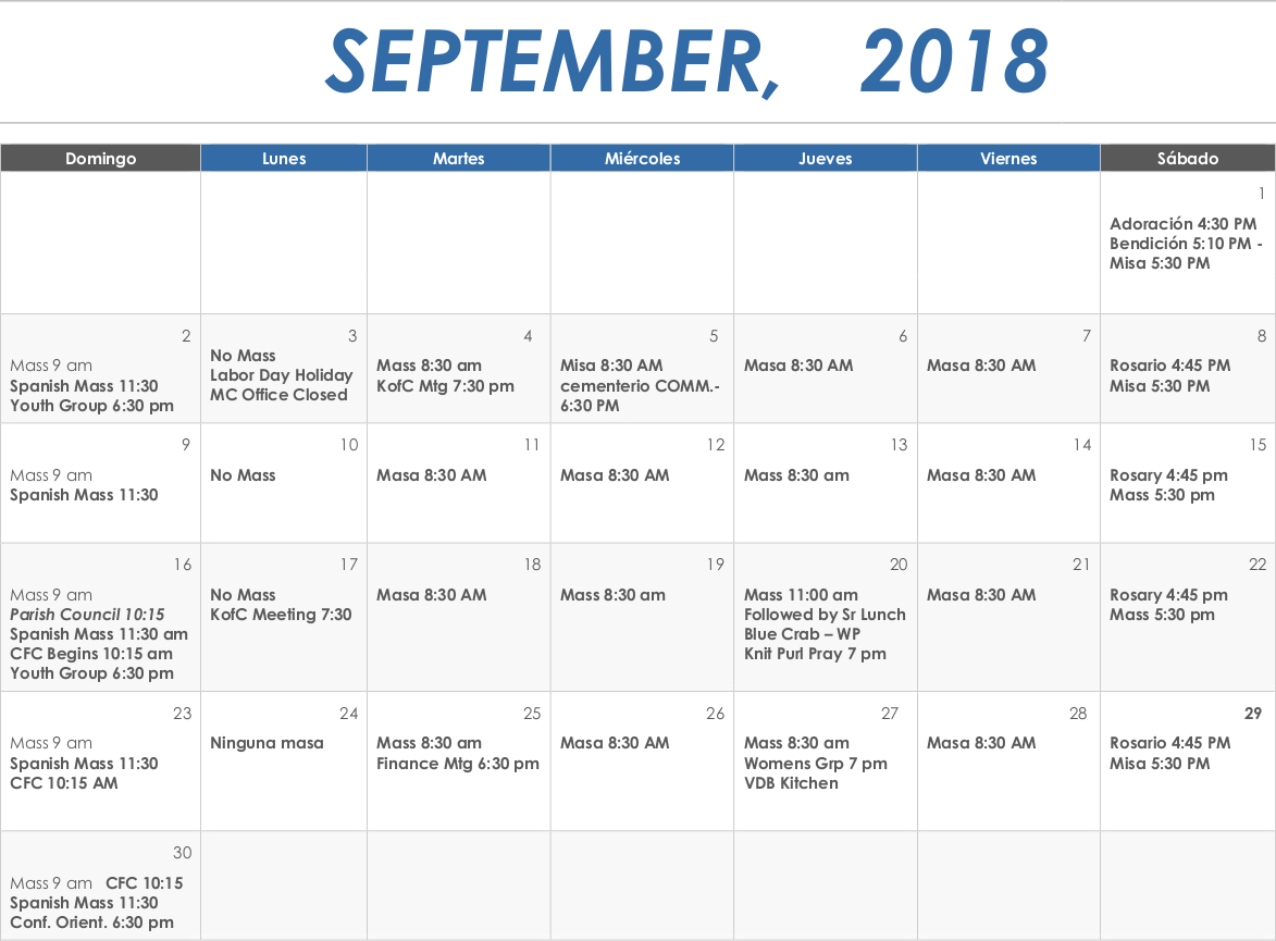 Spanish September 2018 Calendar Our Lady of the Blessed Sacrament