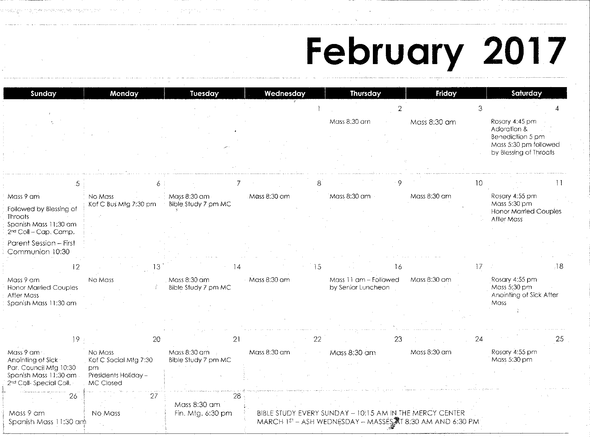 February 2017 Calendar Our Lady of the Blessed Sacrament Catholic Church February 2017 Calendar Our Lady of the Blessed Sacrament Catholic Church