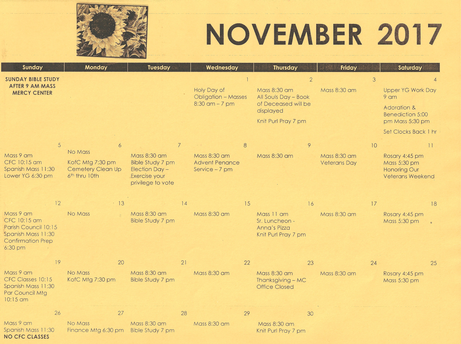 November 2017 Calendar Our Lady of the Blessed Sacrament Catholic Church