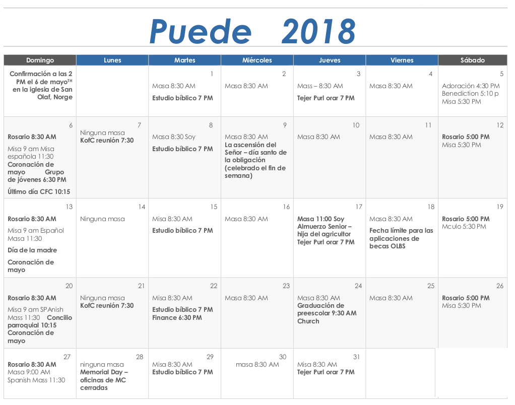 Spanish May 2018 Calendar Our Lady of the Blessed Sacrament