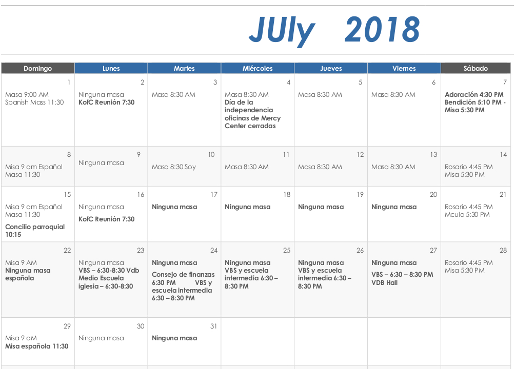 Spanish Calendar July 2018 Our Lady of the Blessed Sacrament