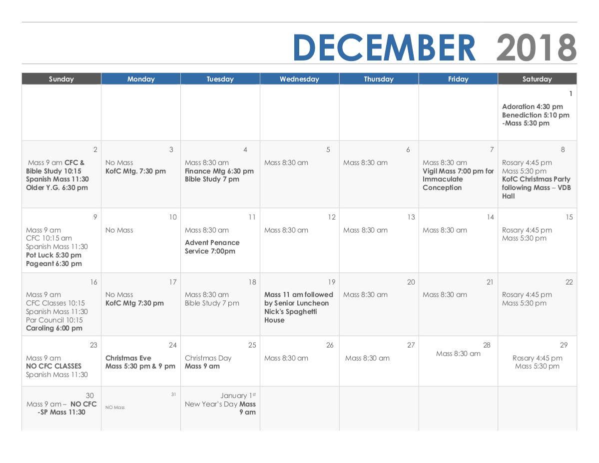 December 2018 Calendar Our Lady of the Blessed Sacrament Catholic Church