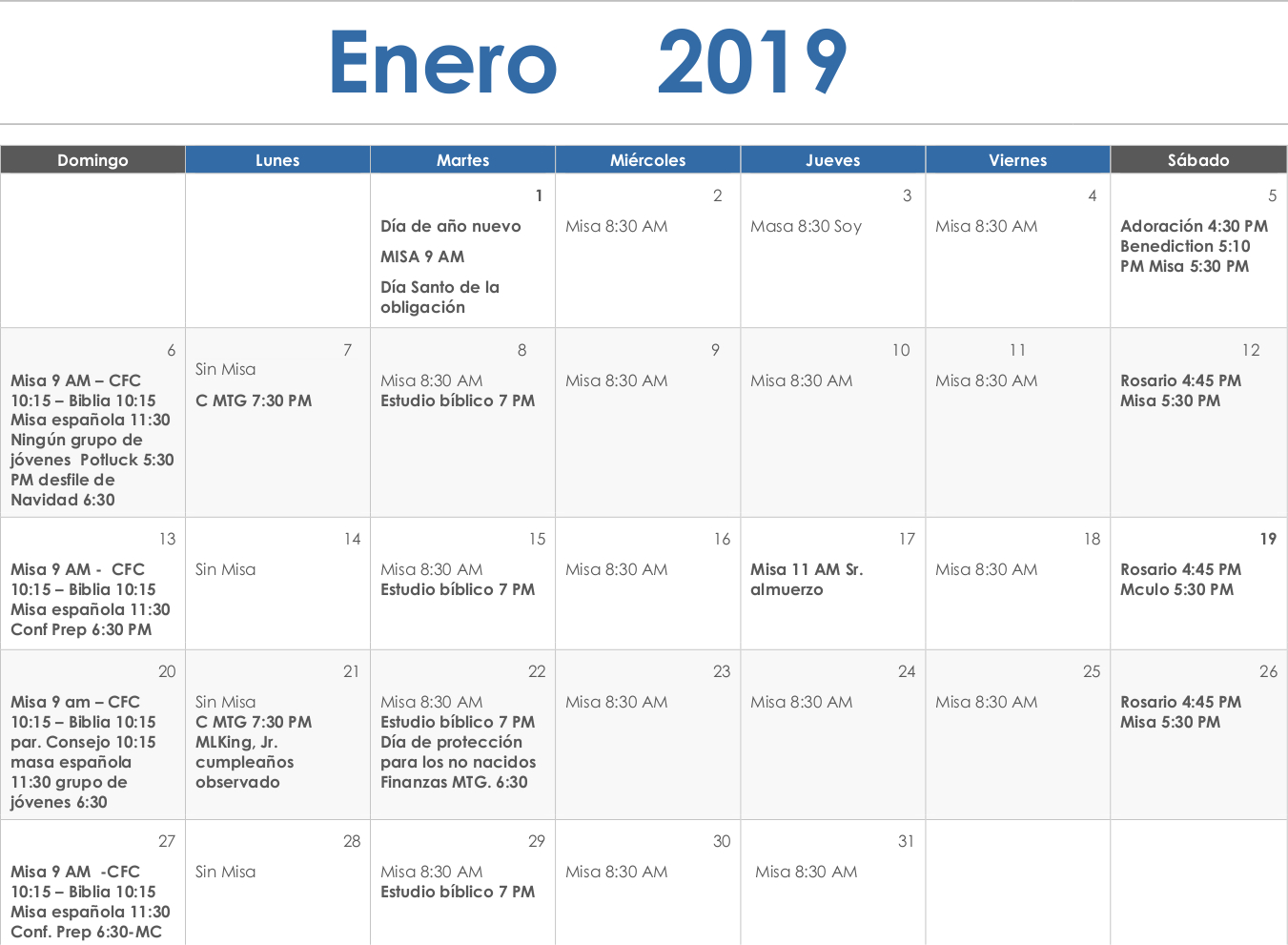January Calendar Spanish 2019 PDF