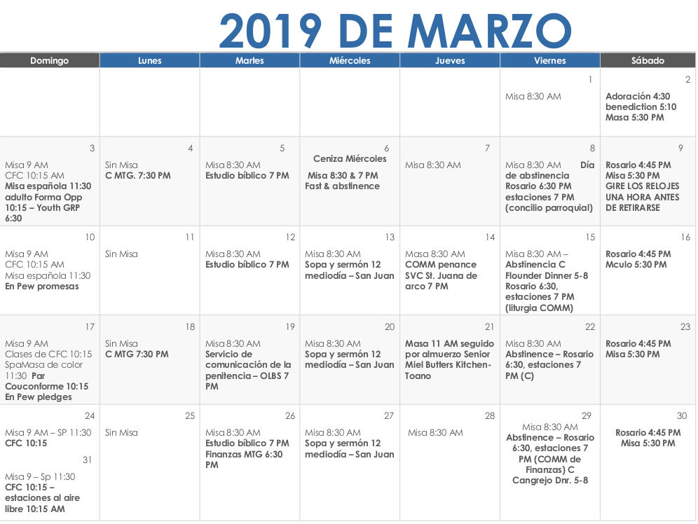 March 2019 Calendar Spanish Our Lady Of The Blessed Sacrament Catholic Church